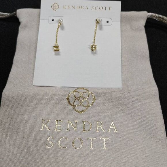 New Kendra Scott Leighton Linear Gold Pearl Earrings - Picture 3 of 5